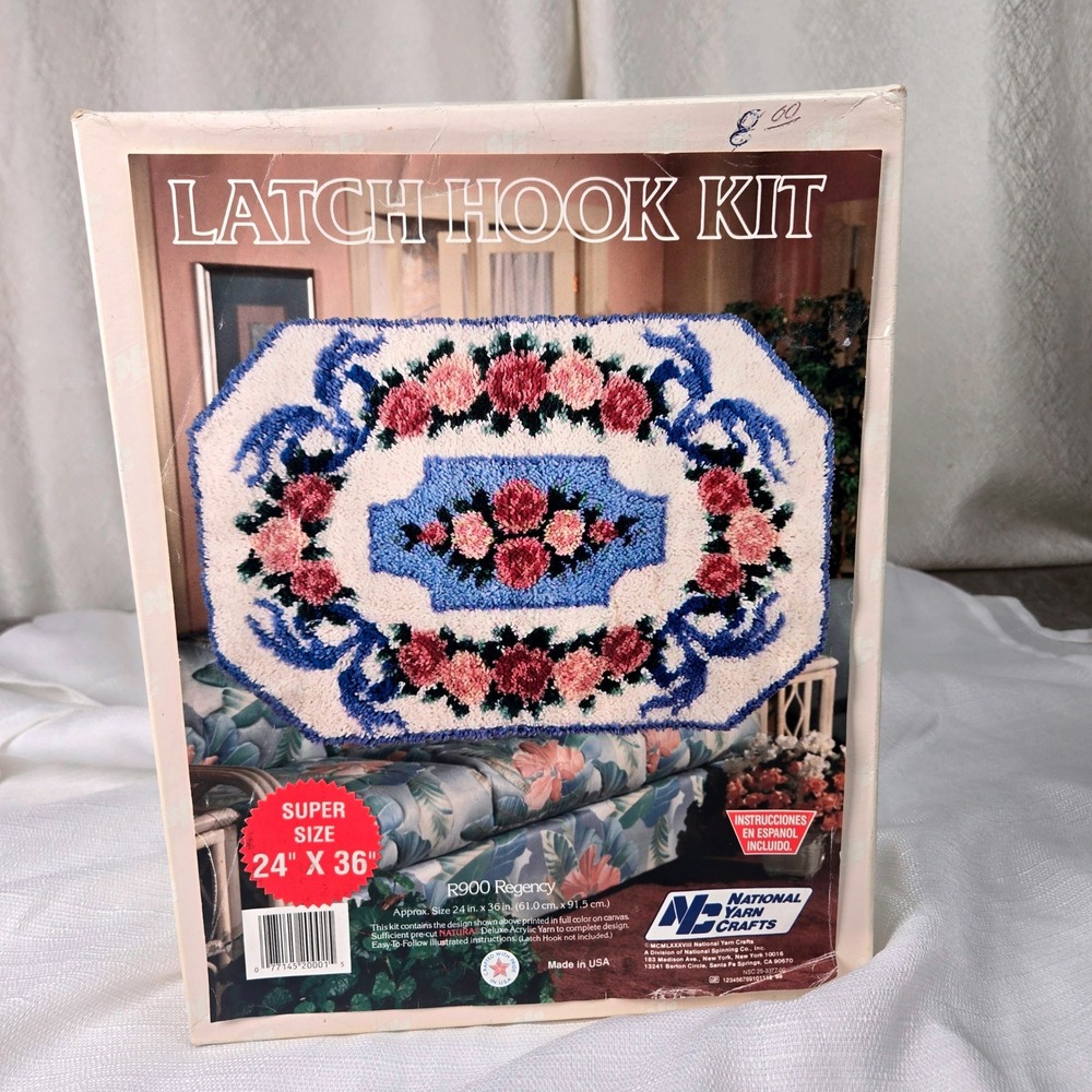 Vintage National Yarn Crafts R900 Regency Latch Hook Kit Floral Roses 24x36 NEW